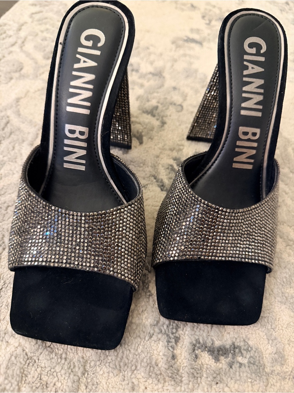 Gianni Bini Black and Gunmetal Crystal-Embellished Slide Heels